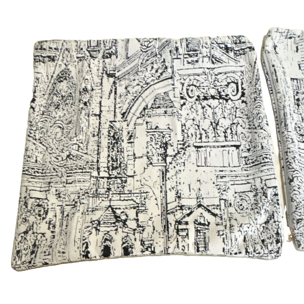 Set of 2 Black White Velvet Toile Cityscape Throw Pillow Covers Heart Zippers 18